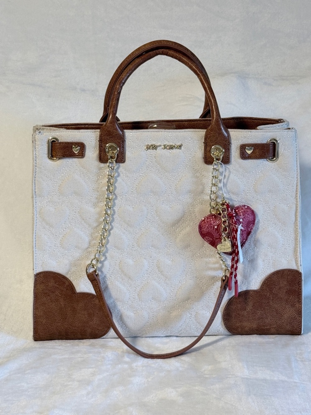 Betsey John’s Heart-Pattern Tote Bag with Brown Trim -